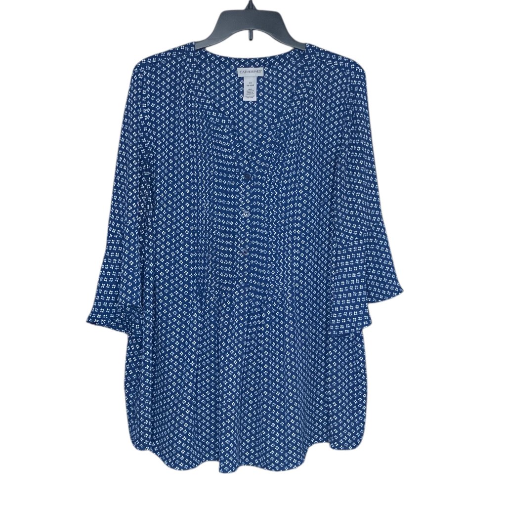 Catherines 0x 14/16w Blue Ikat Pintuck Georgette Bell Sleeve Blouse Top Plus